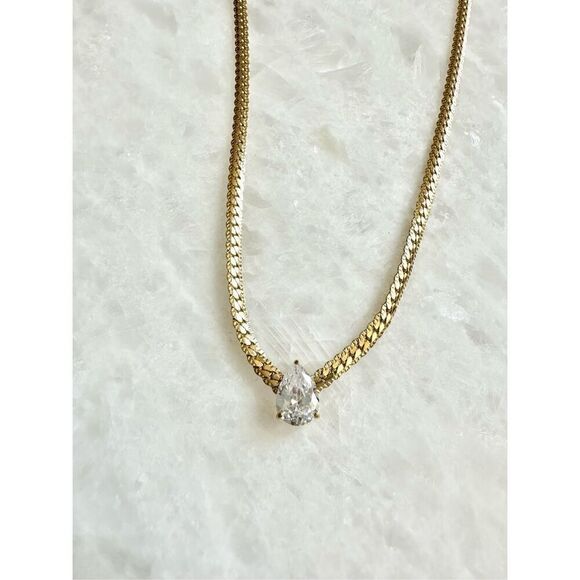 No Brand Jewelry - Gold flat chain mod style necklace with pear cut cubic zirconia